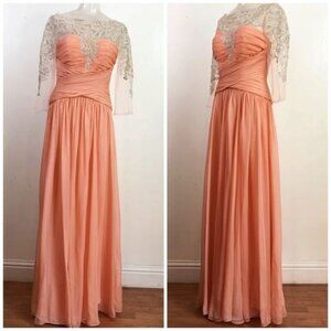 Franssical chiffon and lace peach ruched dress Gown size 8